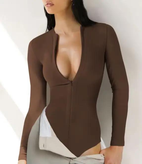 Body Femme Printemps 2026 Nouveau Modèle Couleur Unie Demi-Zip Col Rond Manches Longues Moulant Quot