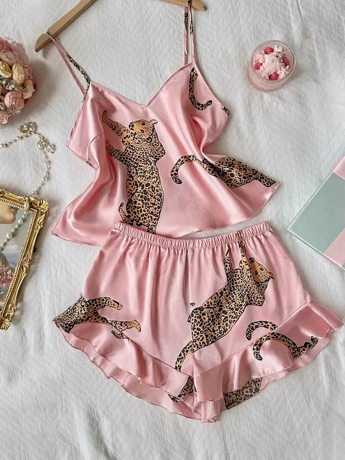 Ensemble pyjama 2 pièces imprimé léopard, short dos nu sexy et décontracté, vêtements de nuit pour f