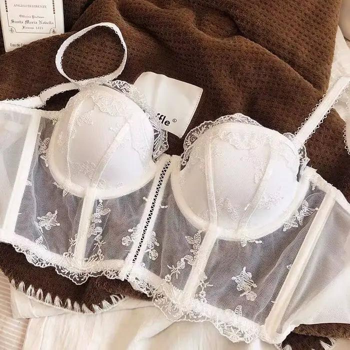 Soutien-gorge long en dentelle brodée demi-coupe style français rétro, ensemble lingerie sexy gainan