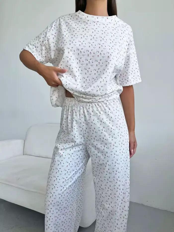 Nouveaux pyjamas pour femmes de style américain avec imprimé floral en forme de cœur, manches courte
