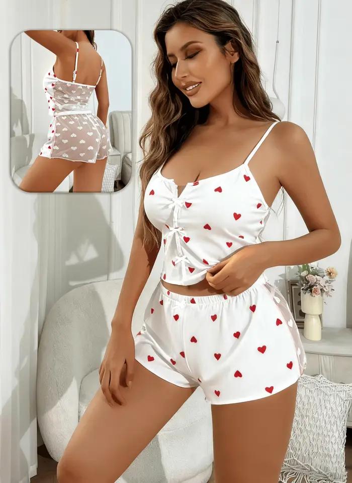 Ensemble pyjama 2 pièces pour femme, haut de pyjama en maille transparente à imprimé cœur et short,