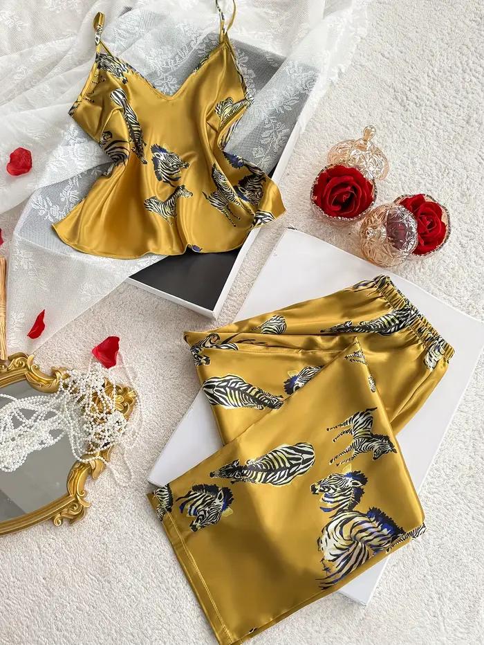 Ensemble de pyjama élégant pour femmes, imprimé zèbre, haut à col en V associé à un pantalon long, c