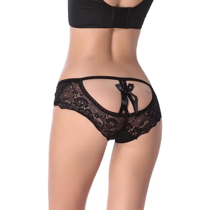 Rene Rofe-Culotte en dentelle sans entrejambe pour femme, sous-vêtement sexy avec nœud, entrejambe s
