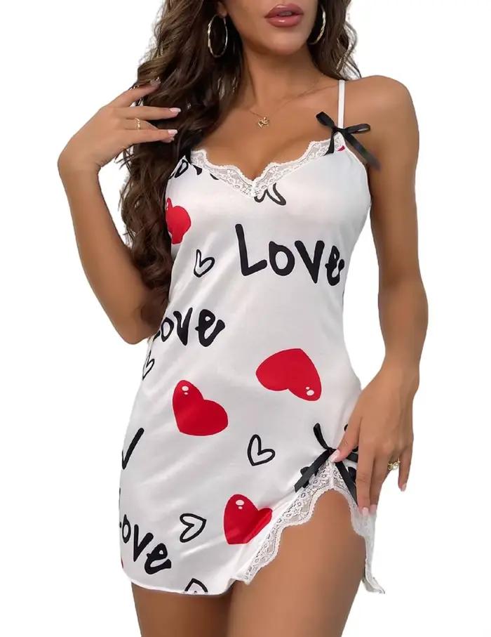 Chemise de nuit noire Sexy pour femmes, imprimé cœur rouge, amour, garniture en dentelle, Mini Chemi