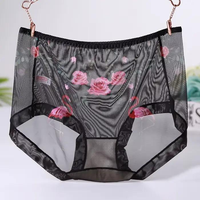 Culotte en maille transparente Ultra-fine pour femme, sous-vêtement Sexy imprimé, grande taille