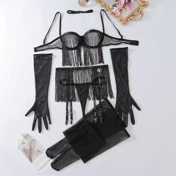 Ensemble de lingerie érotique de luxe pour femmes avec pompons, sous-vêtements sexy, 8 pièces, souti