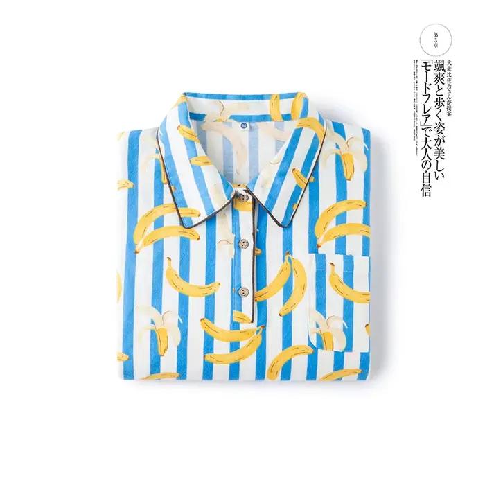 Rayé banane pyjama ensemble femmes mignon dessin animé fruits vêtements de nuit 100% coton à manches