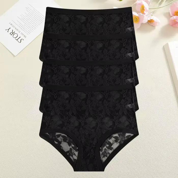 FINETOO Lot de 4 culottes taille haute en dentelle florale pour femme, couleur unie, respirantes, co