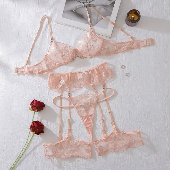 Ensemble de lingerie fantaisie en dentelle florale, sous-vêtements brésiliens, porte-jarretelles att