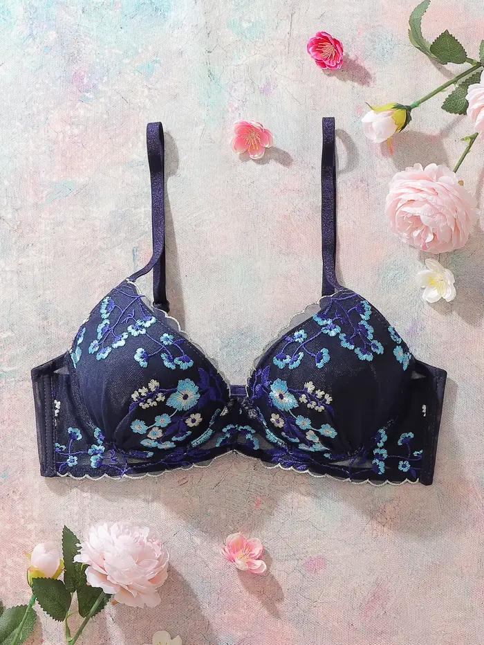 Soutien-gorge brodé floral pour femme, délicat, bleu marine, en dentelle et résille, à armatures, po