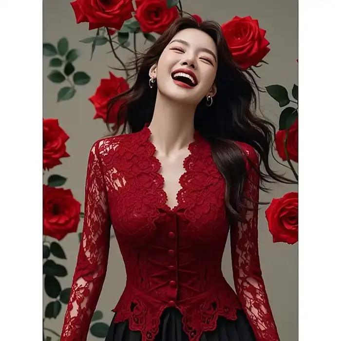 Haut corset en dentelle rouge pour femme, manches longues, bouton sur le devant, chemisier formel