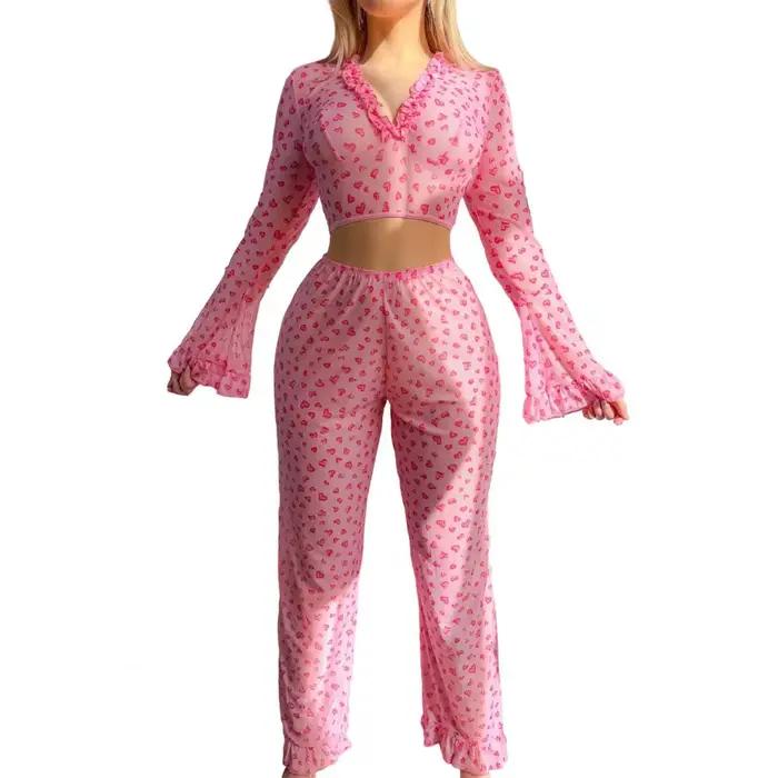Ensemble pyjama 2 pièces pour femmes, imprimé cœur, ourlet à volants, haut de salon, manches longues
