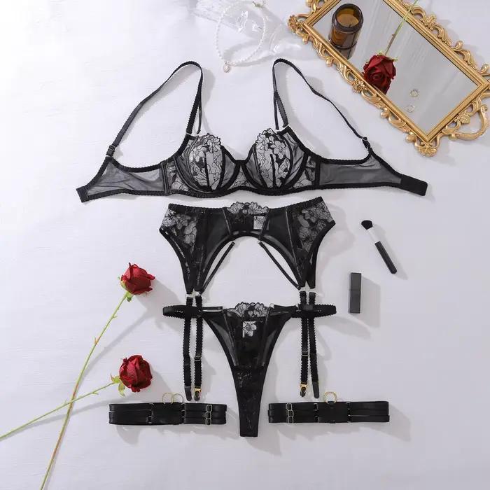 Ensemble de lingerie féminine sexy, transparent, brodé, 3 pièces, avec jarretières, lingerie érotiqu