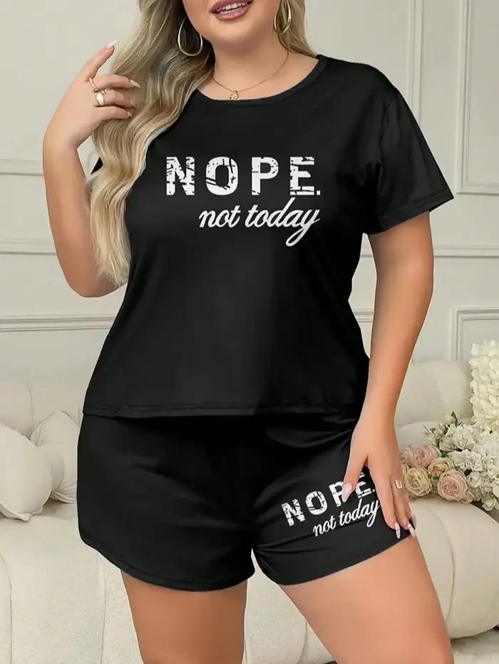 Ensemble pyjama imprimé lettres, t-shirt à manches courtes et short élastique, grande taille, tenue