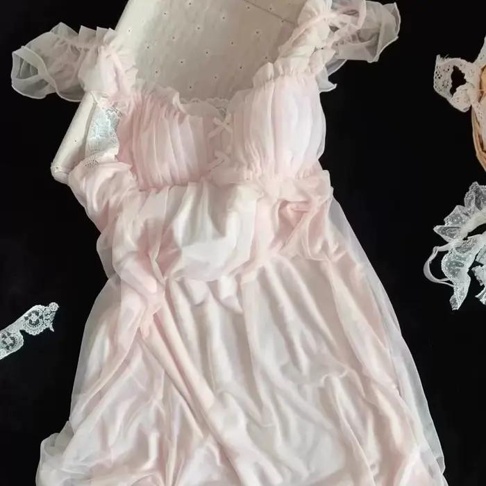 Chemise de nuit féerique style palais rétro pour femme, pyjama d'été mignon en dentelle, long ou à m