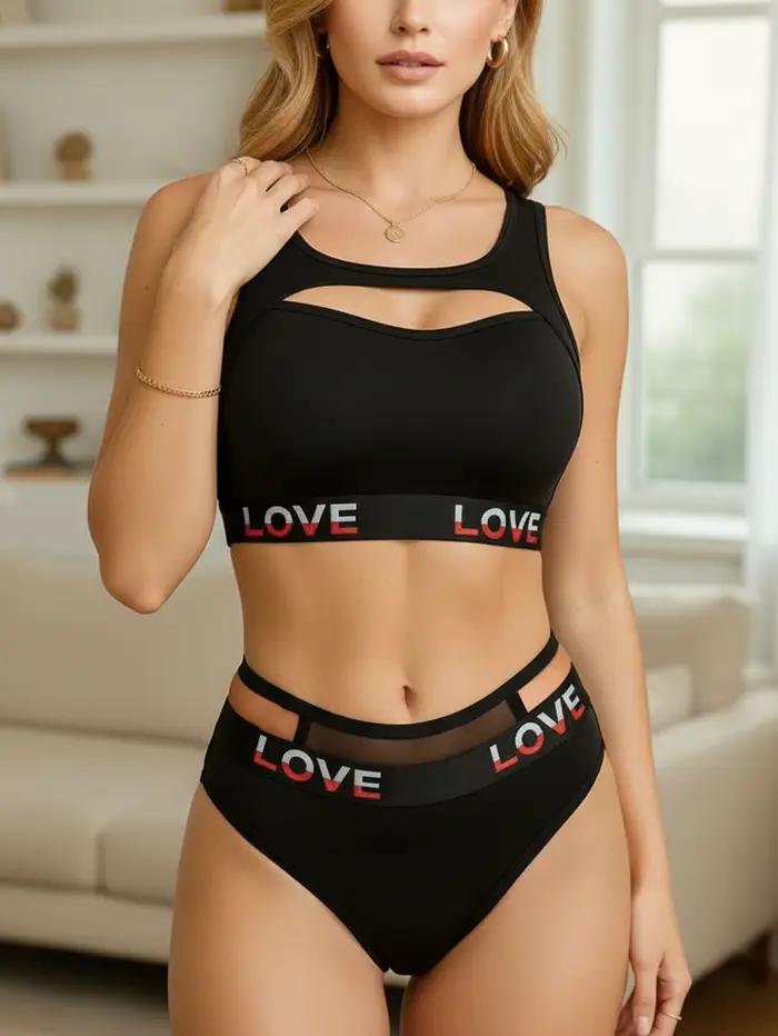 Ensemble de lingerie noir imprimé LOVE pour femme – Bralette dos nageur découpée et culotte taille h