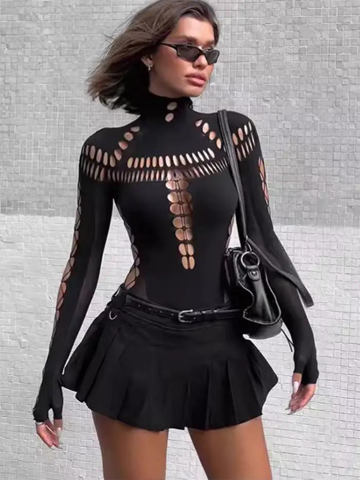 FHSEER Body sexy pour femme Y2K col haut moulant cercle découpe devant et manches en maille à lacets