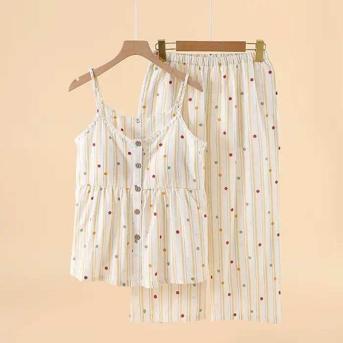 Pyjama en gaze Double couche de coton 2025 pour femmes, coussin de poitrine, pantalon à bretelles, v