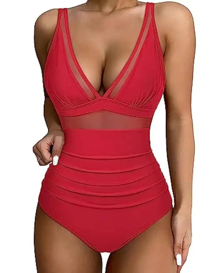 Maillot de bain une pièce, couleur unie, décolleté en v profond, soutien-gorge amovible, uni, Monoki