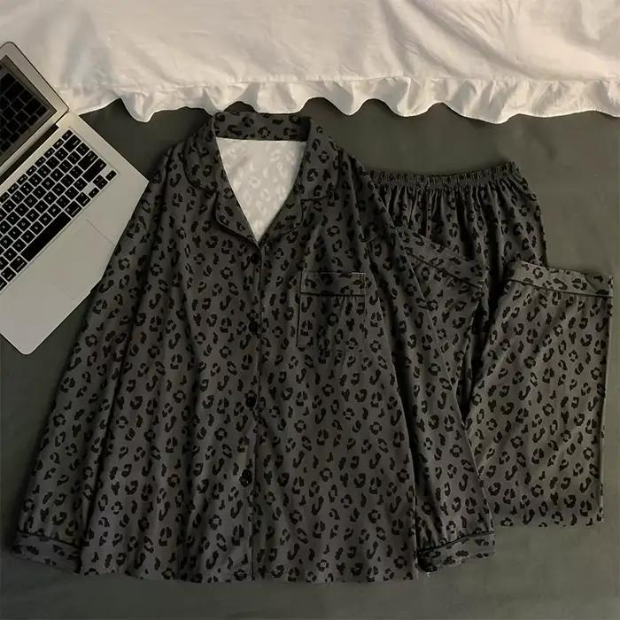 Ensemble de pyjama de luxe français à imprimé léopard pour femme, vêtements de nuit doux à manches l
