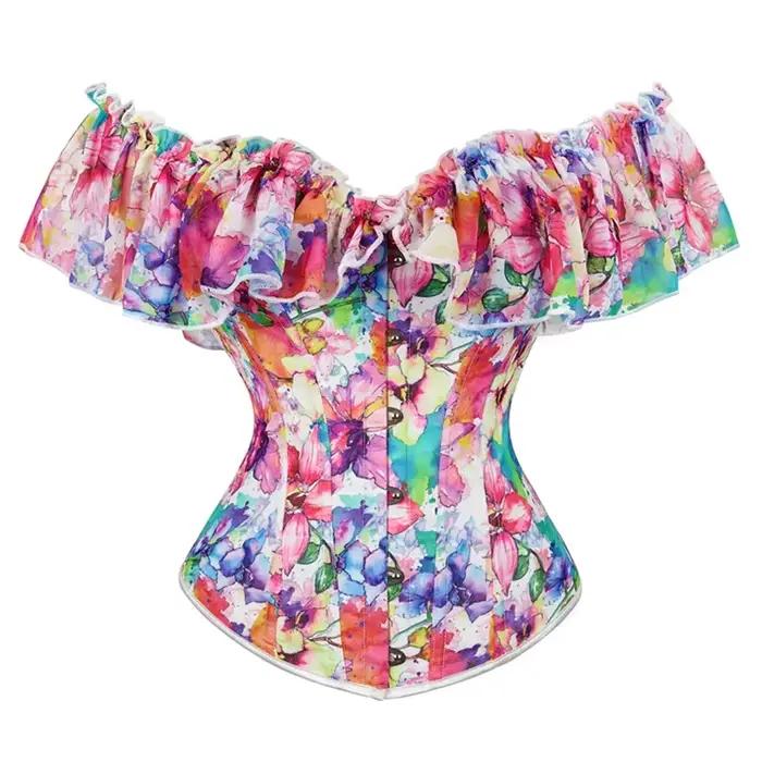 Corset gothique Sexy pour femmes, hauts à fleurs et manches bouffantes à volants, épaules dénudées,