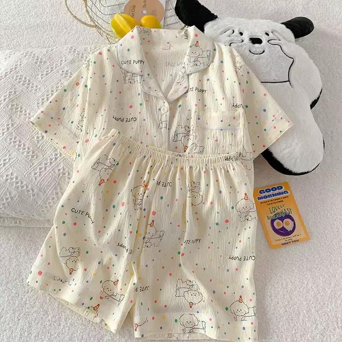 Pyjama d'été pour femme, style fin avec pois et motif chiot, short à manches courtes, doux et mignon