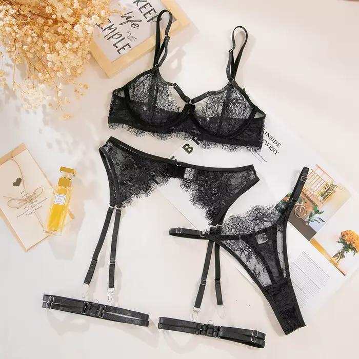 Ensemble de Lingerie Sexy de séduction, cils français en dentelle, soutien-gorge creux, porte-jarret