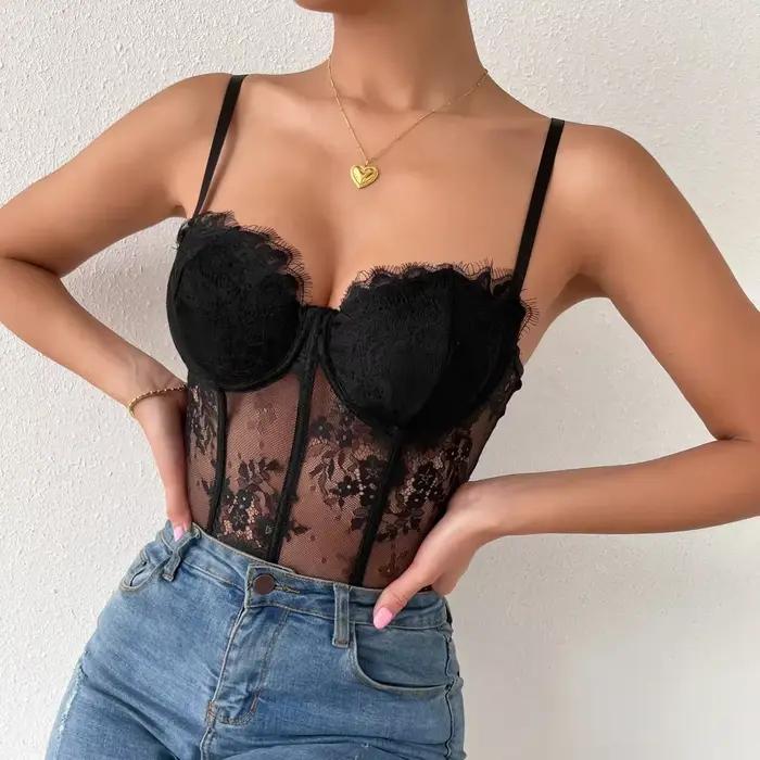 Corset Sexy en Dentelle Noire Transparente pour Femme, Streetwear à la Mode, Crop Top Précieux, Halt