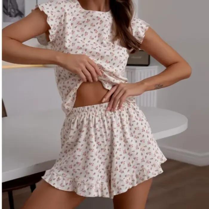 Pyjamas européens et américains en soie de lait imprimée à motifs floraux, ensemble décontracté pour