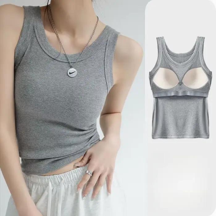 Débardeur côtelé pour femme avec soutien-gorge intégré, sans armatures, confortable pour le quotidie