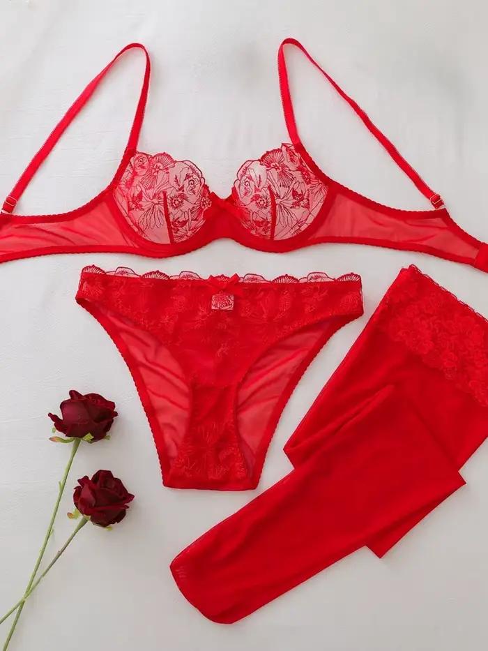 Ensemble de lingerie sexy 3 pièces en maille transparente brodée de luxe Belamimi avec bas, tenue de