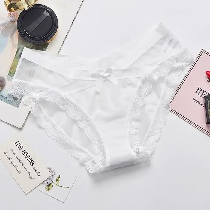 Sexy maille femmes culottes invisibles dentelle nœud slips Transparent taille basse culotte Lingerie