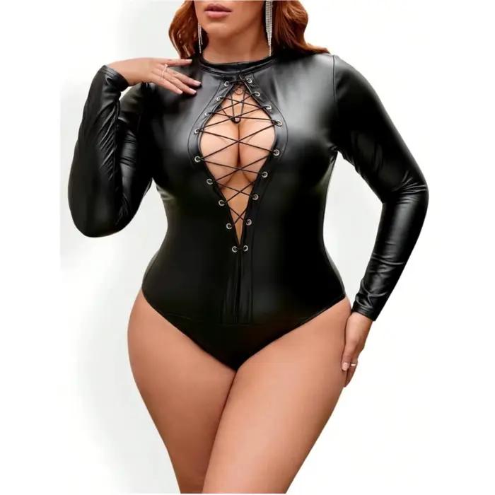 Body en cuir grande taille pour femmes à lacets à manches longues barboteuse clubwear party