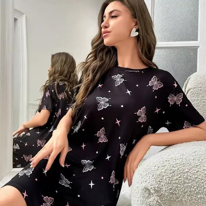Robe de nuit décontractée à col rond, vêtements de nuit pour femmes