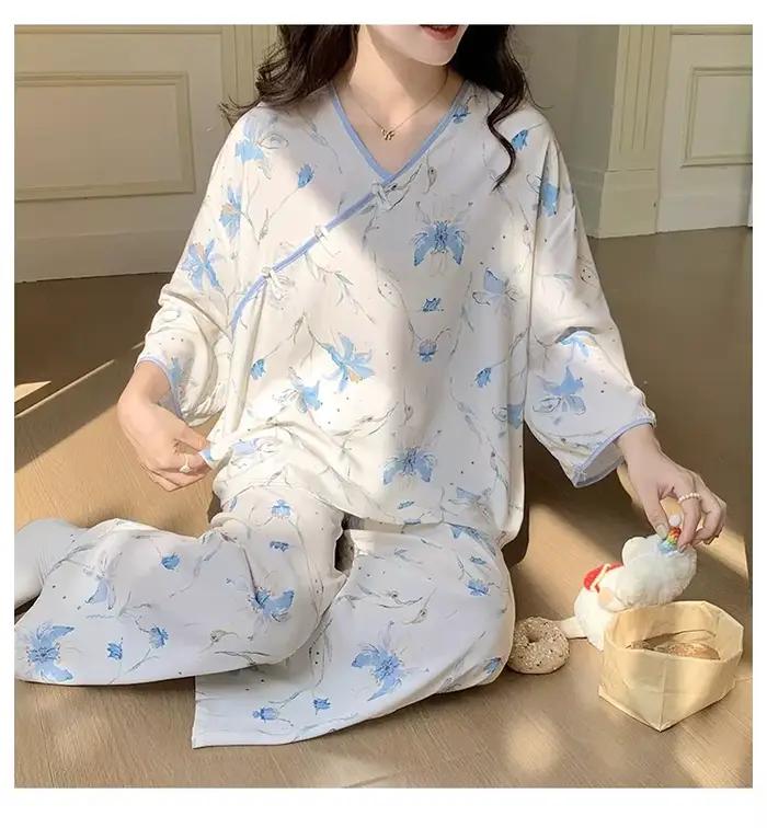 Mode imprimé femmes pyjamas ensemble décontracté coton rayonne vêtements de nuit printemps automne m