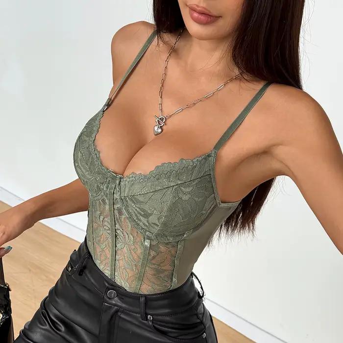 Nouveau Body Sexy Bleu-Gris Moulant en Dentelle Patchwork pour Femme 2026 – Lingerie Dos Nu à Bretel
