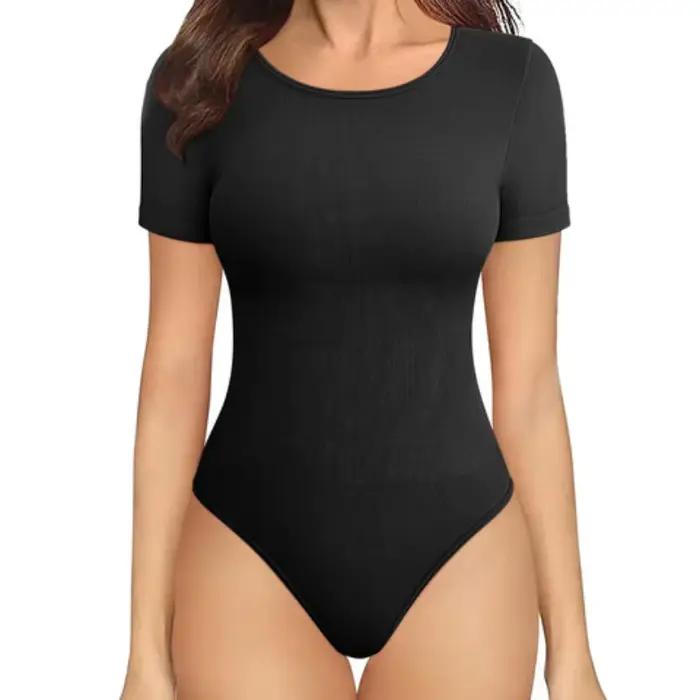 Body de sport pour femmes, combinaison amincissante, col rond, taille serrée, manches courtes, sous-