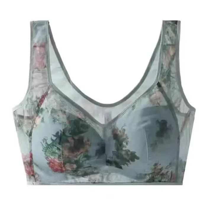 Soutien-gorge imprimé Floral pour femmes d'âge moyen, maille fine, large bandoulière, sans fil, Anti
