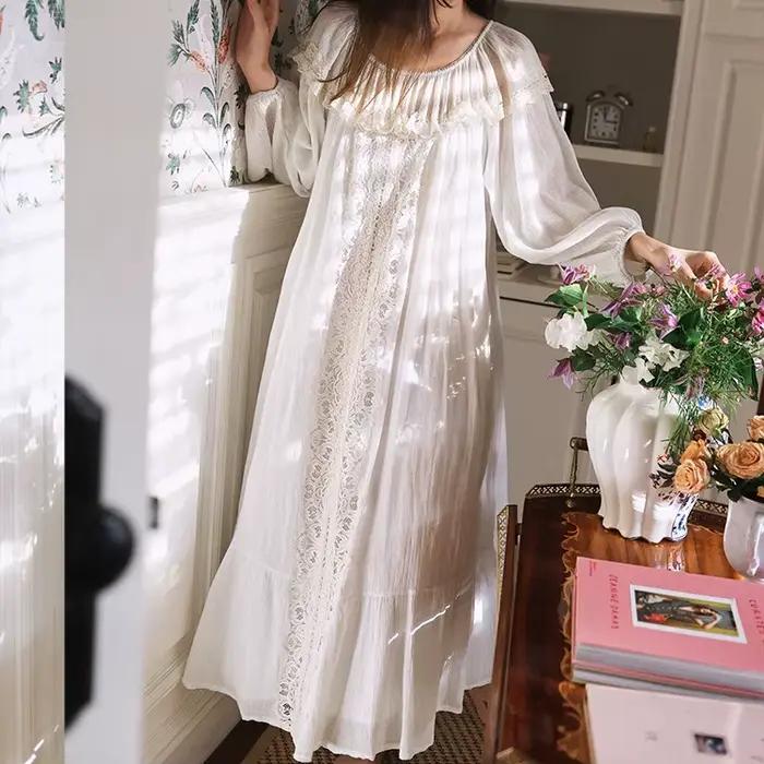 Fée française ample romantique dentelle chemise de nuit femmes longue blanc rétro palais Vintage che