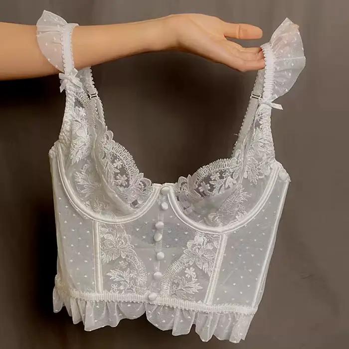 Soutien-gorge bralette dos nu en dentelle avec bonnets froncés, style français, transparent, moulant