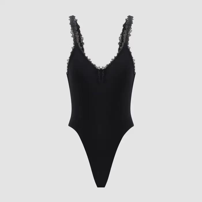Body moulant noir élégant pour femme avec dentelle, débardeur sans manches à col en V, coupe ajustée
