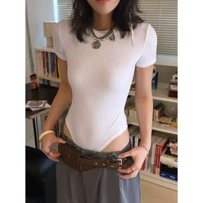 HanOrange 2026 Printemps/Été T-shirt Body Femme Tendance à Fente Haute et Taille Cintrée Manches Cou