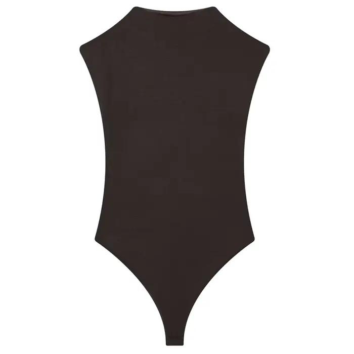 Body moulant marron sexy pour femme, design dos évidé, sans manches, dos nu, col montant, style déba