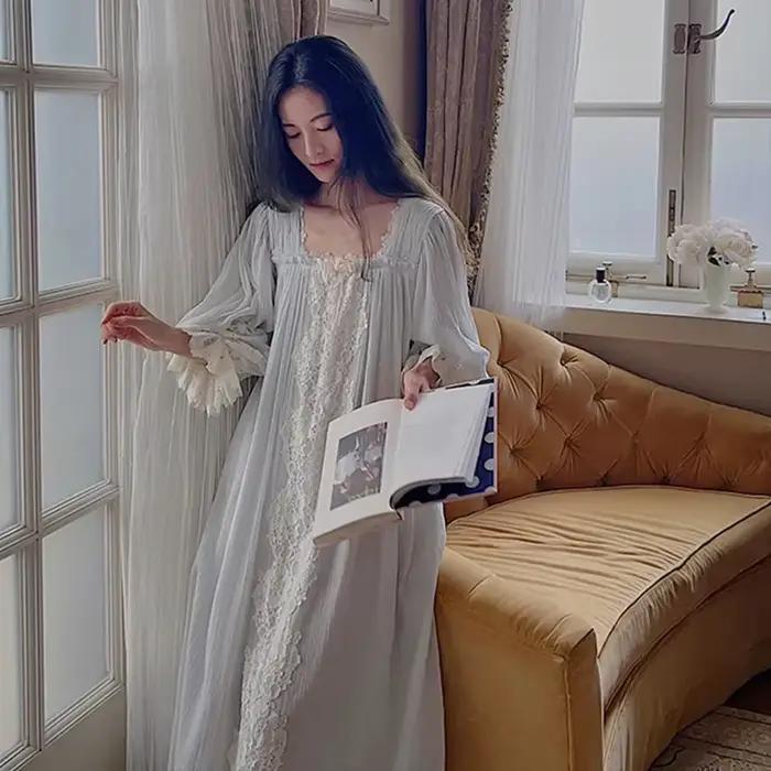 Chemise de nuit brodée en dentelle douce, chemise de nuit en coton, chemise de nuit sexy, col carré