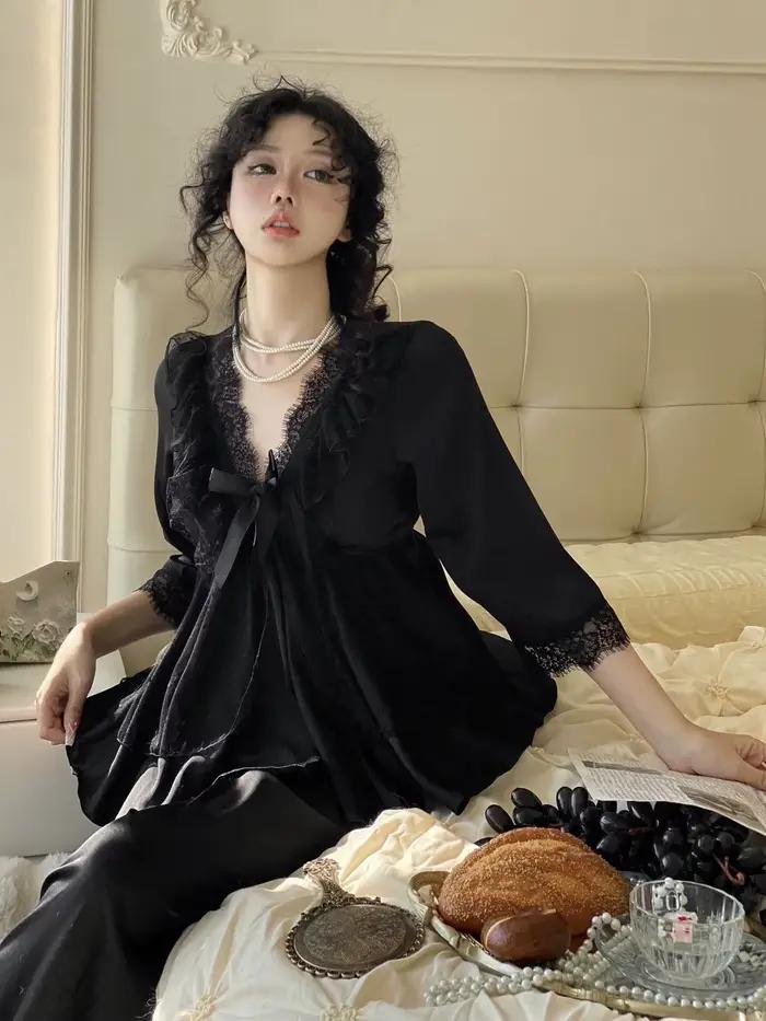 Pyjama princesse Sexy en soie glacée pour femmes, ensemble 2 pièces en dentelle avec nœud papillon,
