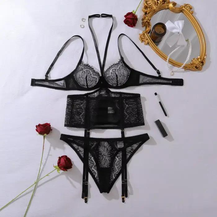 Ensembles de Lingerie érotique et Sexy, dentelle de cils exquise, col suspendu, Perspective, Corset