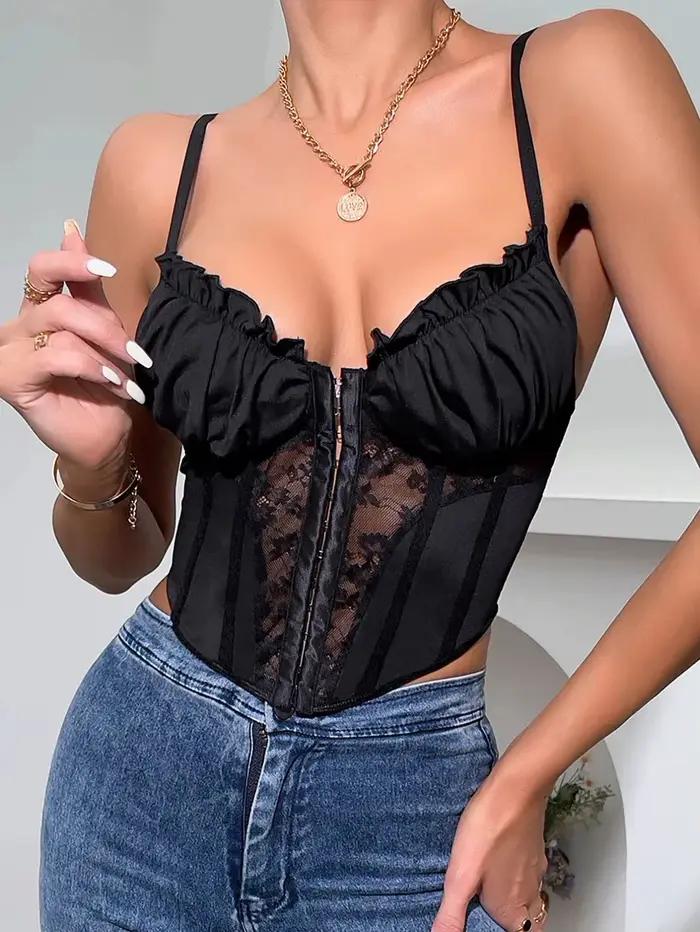 1 pièce de corset en tulle noir à volants en dentelle, nouveau style tendance et sexy, dos nu, coupe