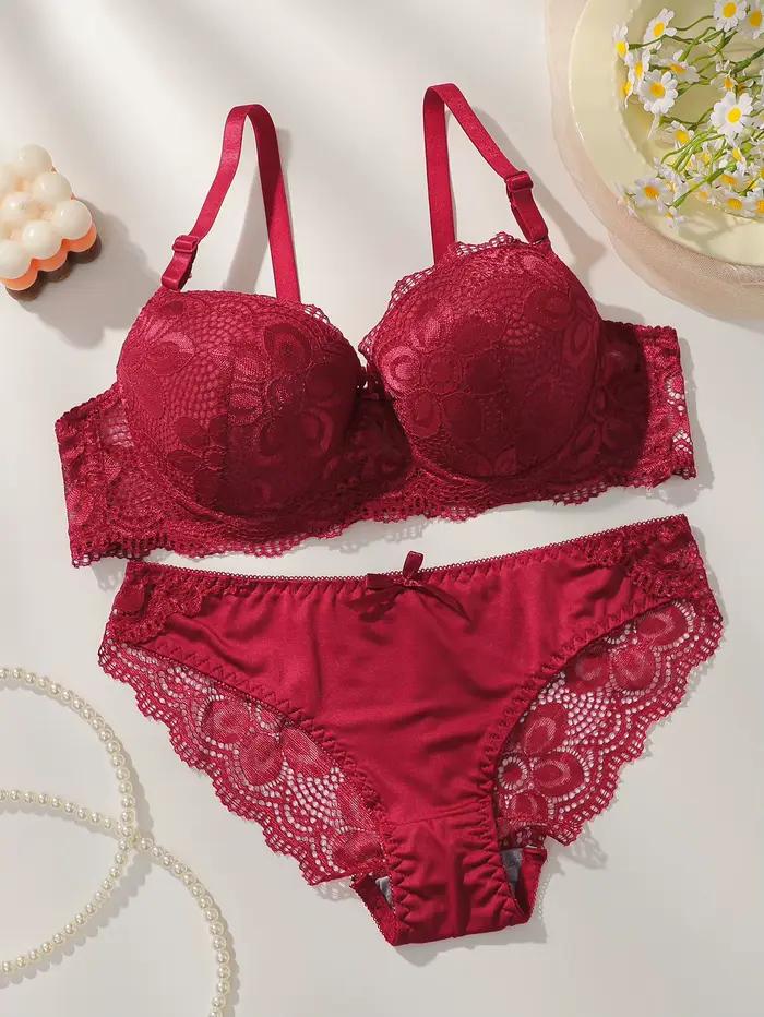 Ensemble Soutien-gorge Push Up Dentelle Rouge Sexy à Armature pour Femmes Soutien-gorge et Culotte L