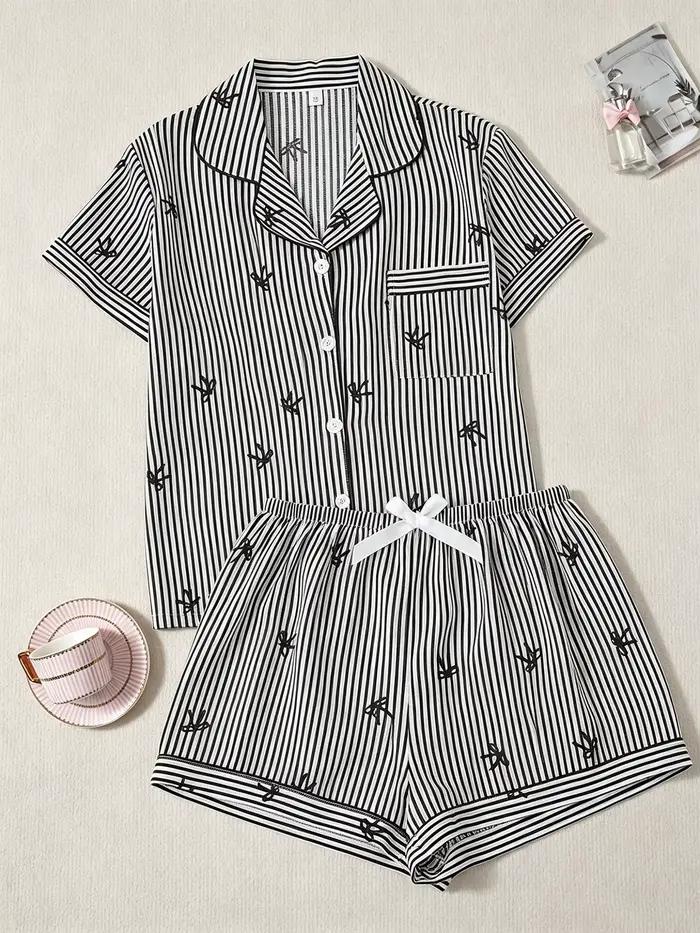 Pyjama rayé classique, ensemble de pyjama pour femmes, chemise boutonnée et short, pyjama 2 pièces,