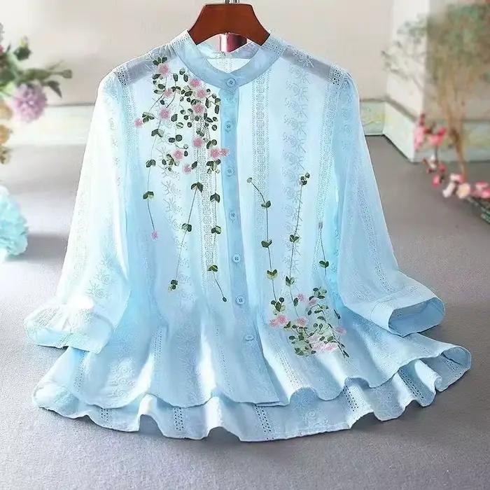 Chemise en dentelle rétro pour femme, haut brodé adt, simple boutonnage, manches 2025, chemisier à f